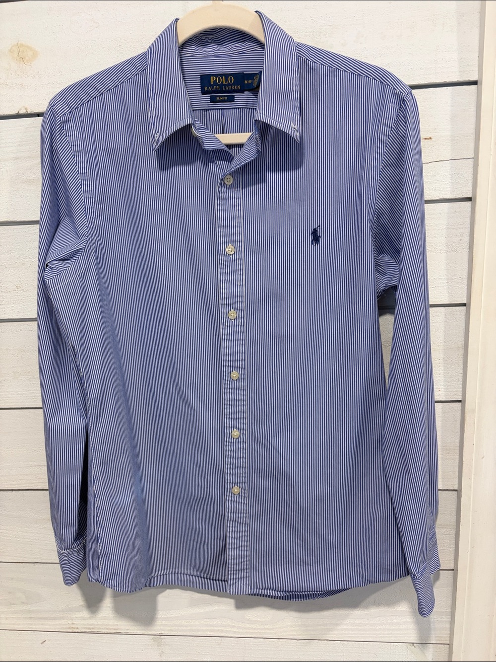 Polo Ralph Lauren Men's Medium 15.5 Slim Fit Blue White Vertical Striped Long Sl